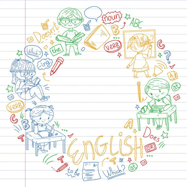 École d'anglais pour enfants. Apprenez la langue. Illustration vectorielle de l'éducation. Enfants dessin image de style doodle . — Image vectorielle