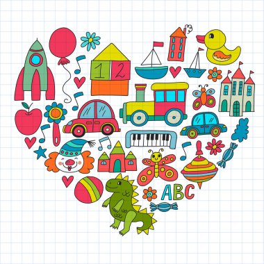 Çocuk oyuncakları ile vektör deseni. Robot, roket, at, bebek