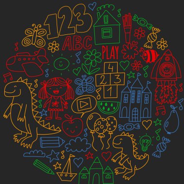 Anaokulu anaokulu çocukları. Çocuklar stil vektör modeli çiziyor. Birlikte büyümeyi öğrenin..