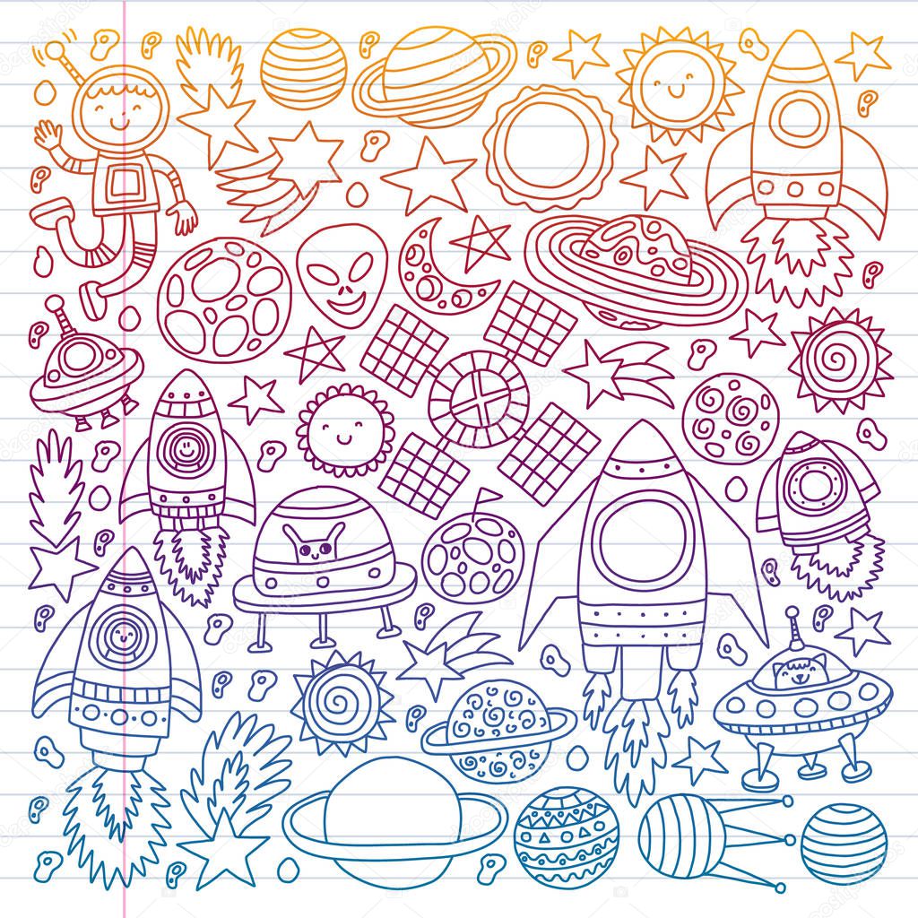 Vector pattern with space icons, planets, spaceships, stars, comets, rockets, space shuttle, flying saucers.