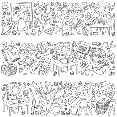 Okula dönüyoruz. Küçük çocuklar için vektör simgeleri ve elemanları, kolej. Doodle tarzı, çocuklar çizim