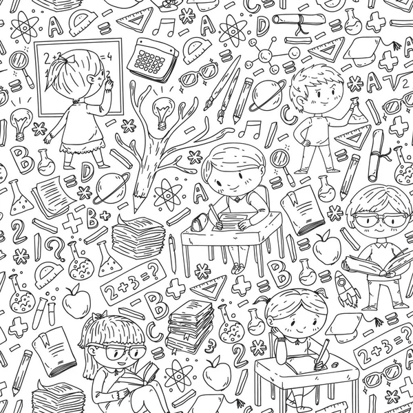 Torniamo a scuola. Icone vettoriali ed elementi per bambini piccoli, college. Stile Doodle, disegno per bambini — Vettoriale Stock