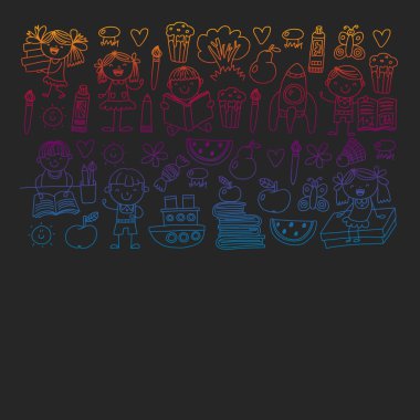 Kitap okuyan çocuklarla vektör deseni. Okul, kütüphane. Afiş ler ve afişler için vektör çizimi