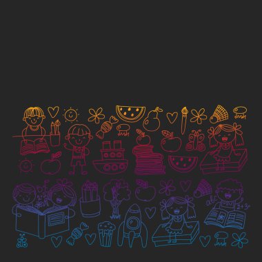 Kitap okuyan çocuklarla vektör deseni. Okul, kütüphane. Afiş ler ve afişler için vektör çizimi