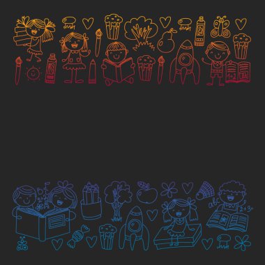 Kitap okuyan çocuklarla vektör deseni. Okul, kütüphane. Afiş ler ve afişler için vektör çizimi