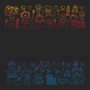 Kitap okuyan çocuklarla vektör deseni. Okul, kütüphane. Afiş ler ve afişler için vektör çizimi