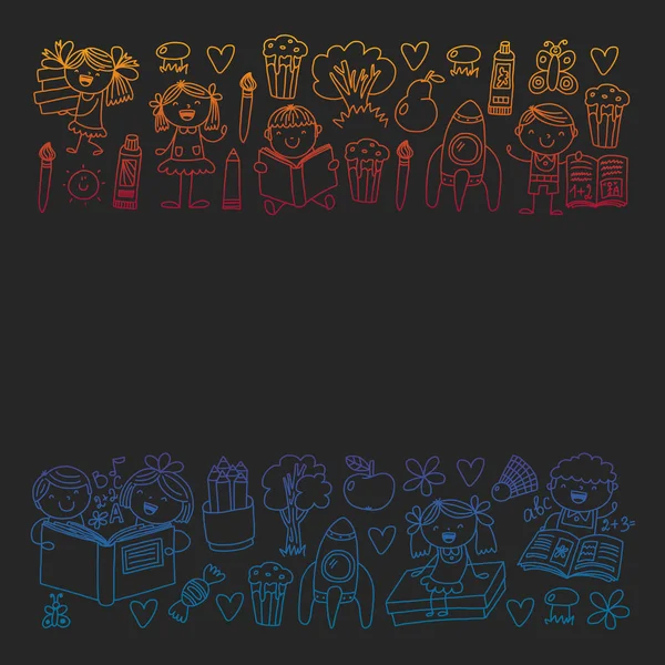 Kitap okuyan çocuklarla vektör deseni. Okul, kütüphane. Afiş ler ve afişler için vektör çizimi