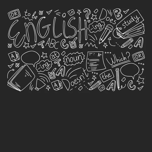 Cursos de inglês. Doodle vector concept ilustração da aprendizagem da língua inglesa . —  Vetores de Stock