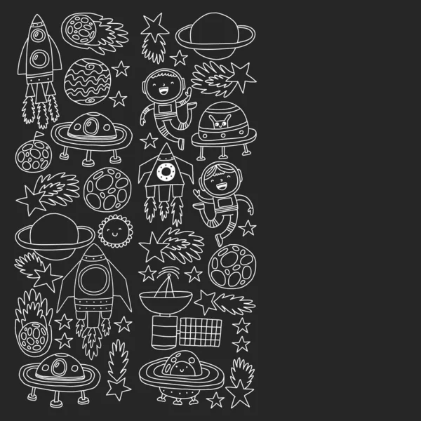 Space bakgrund Doodle illustration. Vektor illustration. Mönster med tecknade rymden raketer, planeter, stjärnor. — Stock vektor