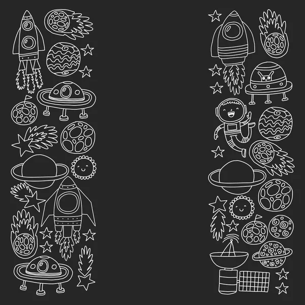 Ilustración de doodle de fondo espacial. Ilustración vectorial. Patrón con cohetes espaciales de dibujos animados, planetas, estrellas . — Vector de stock