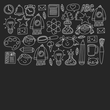 Posterler, afişler, kapaklar için okul simgelerine geri dönen vektör deseni.