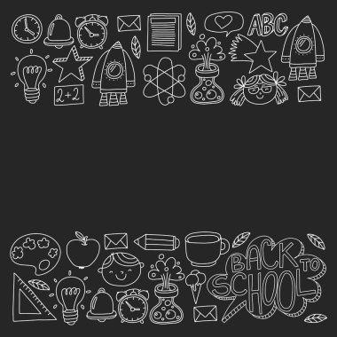 Posterler, afişler, kapaklar için okul simgelerine geri dönen vektör deseni.