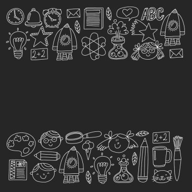 Posterler, afişler, kapaklar için okul simgelerine geri dönen vektör deseni.