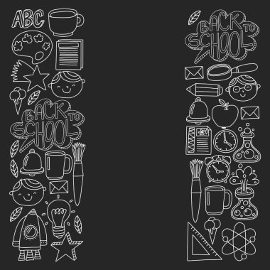 Posterler, afişler, kapaklar için okul simgelerine geri dönen vektör deseni.