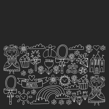 Küçük kızlar için vektör deseni. Mutlu Doğum günü partisi için Prenses illüstrasyon.