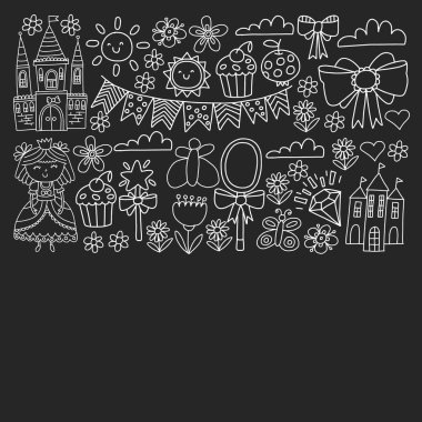 Küçük kızlar için vektör deseni. Mutlu Doğum günü partisi için Prenses illüstrasyon.