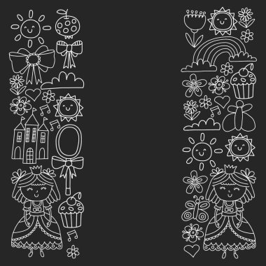 Küçük kızlar için vektör deseni. Mutlu Doğum günü partisi için Prenses illüstrasyon.