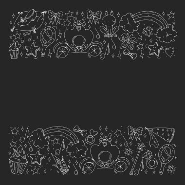 Küçük kızlar için vektör deseni. Mutlu doğum günü partisi için Prenses illüstrasyon. Kara tahta tebeşir illüstrasyon