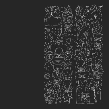 Küçük kızlar için vektör deseni. Mutlu doğum günü partisi için Prenses illüstrasyon. Kara tahta tebeşir illüstrasyon