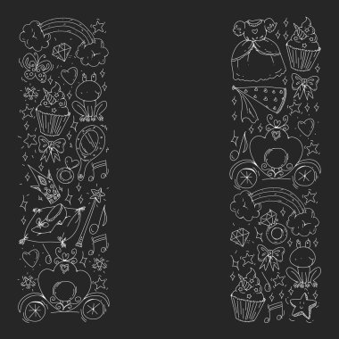 Küçük kızlar için vektör deseni. Mutlu doğum günü partisi için Prenses illüstrasyon. Kara tahta tebeşir illüstrasyon