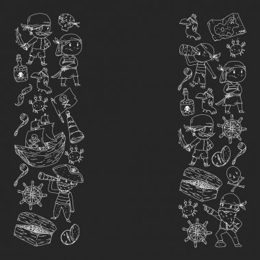 Gemiler, adalar ve fantezi yaratıklar ile Vektör korsan desen. Küçük çocuklar için korsan maceraları. Kağıt, duvar kağıdı, afiş, afiş sarma için desen.