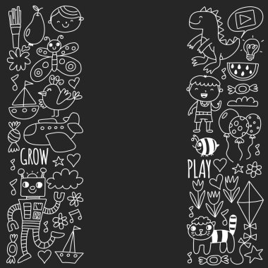 Anaokulu afişleri için vektör deseni, ay, gezegen, uzay gemisi, roket, güneş, meyve, ev, çiçek posterleri. Yaratıcılık ve hayal gücü.