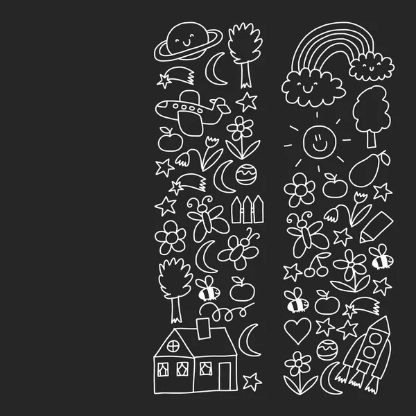 Pola vektor untuk spanduk taman kanak-kanak, poster dengan bulan, planet, pesawat ruang angkasa, roket, matahari, buah-buahan, rumah, bunga. Kreativitas dan imajinasi  . Grafik Vektor