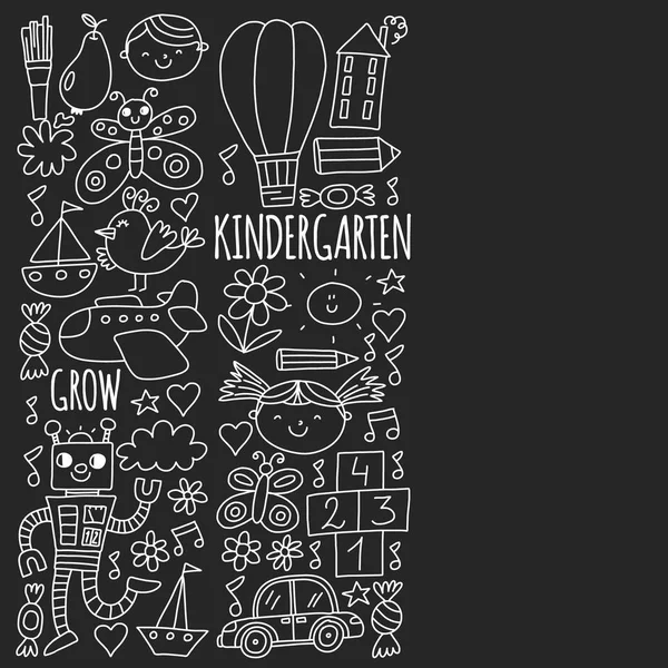 Pola vektor untuk spanduk taman kanak-kanak, poster dengan bulan, planet, pesawat ruang angkasa, roket, matahari, buah-buahan, rumah, bunga. Kreativitas dan imajinasi  . Stok Vektor