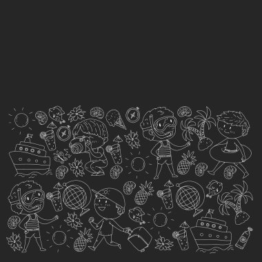 Çocuklarla yaz simgeleri kümesi. Çocuklar yüzme maskesi ve palet, şişme halka ile yüzmek, plajda güneşlenmek, fotoğraf çekmek.