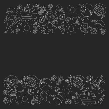 Çocuklarla yaz simgeleri kümesi. Çocuklar yüzme maskesi ve palet, şişme halka ile yüzmek, plajda güneşlenmek, fotoğraf çekmek.