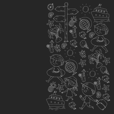 Çocuklarla yaz simgeleri kümesi. Çocuklar yüzme maskesi ve palet, şişme halka ile yüzmek, plajda güneşlenmek, fotoğraf çekmek.