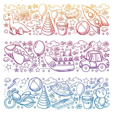 Oyuncak seti. Vektör düz çizgi film çizimi. Tahta ve plastik oyuncaklar, eğlence ve aktivite. Anaokulu, kreş..