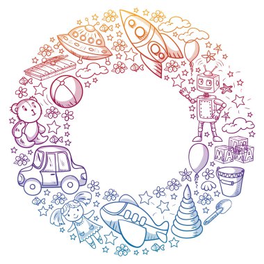 Oyuncak seti. Vektör düz çizgi film çizimi. Tahta ve plastik oyuncaklar, eğlence ve aktivite. Anaokulu, kreş..