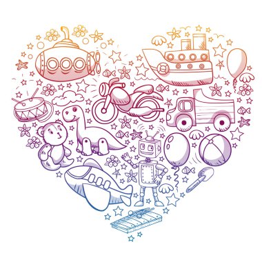 Oyuncak seti. Vektör düz çizgi film çizimi. Tahta ve plastik oyuncaklar, eğlence ve aktivite. Anaokulu, kreş..