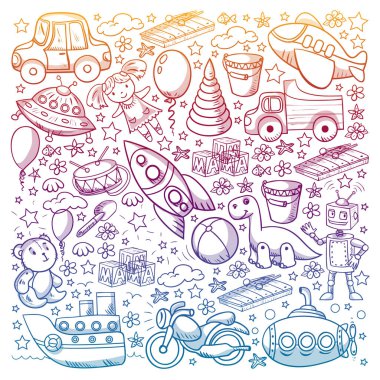 Oyuncak seti. Vektör düz çizgi film çizimi. Tahta ve plastik oyuncaklar, eğlence ve aktivite. Anaokulu, kreş..