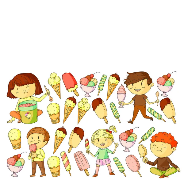 Malé děti jedí zmrzlinu. Letní prázdniny. Sladká ovocná poušť. — Stockový vektor