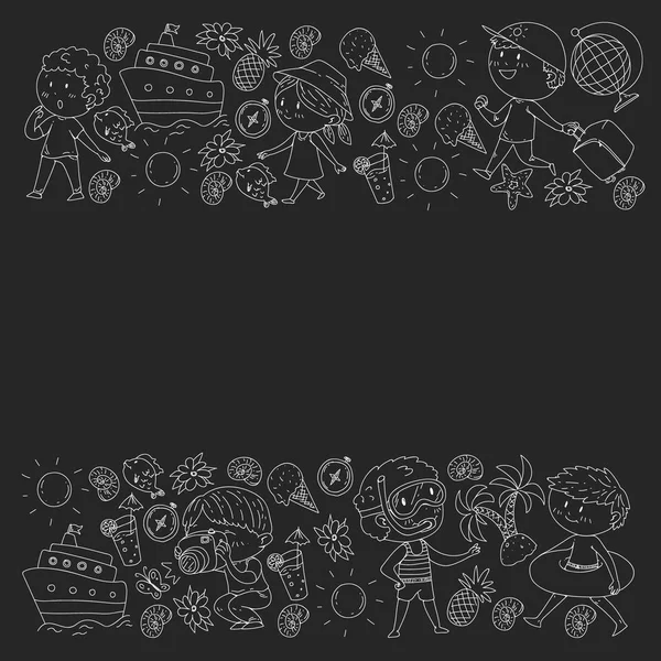 Çocuklarla yaz simgeleri kümesi. Çocuklar yüzme maskesi ve palet, şişme halka ile yüzmek, plajda güneşlenmek, fotoğraf çekmek.