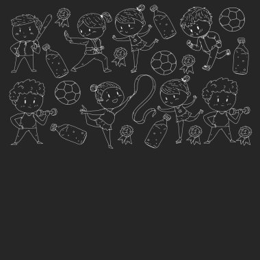 Çocuklar ve spor. Faaliyetlerin vektör illüstrasyonu. Futbol, futbol, koşu, dans, dövüş sanatları. Okulda ve anaokulunda sağlık.