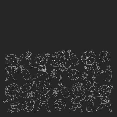 Çocuklar ve spor. Faaliyetlerin vektör illüstrasyonu. Futbol, futbol, koşu, dans, dövüş sanatları. Okulda ve anaokulunda sağlık.