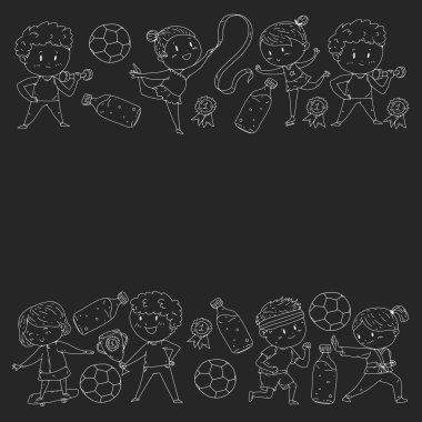 Çocuklar ve spor. Faaliyetlerin vektör illüstrasyonu. Futbol, futbol, koşu, dans, dövüş sanatları. Okulda ve anaokulunda sağlık.
