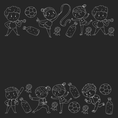 Çocuklar ve spor. Faaliyetlerin vektör illüstrasyonu. Futbol, futbol, koşu, dans, dövüş sanatları. Okulda ve anaokulunda sağlık.
