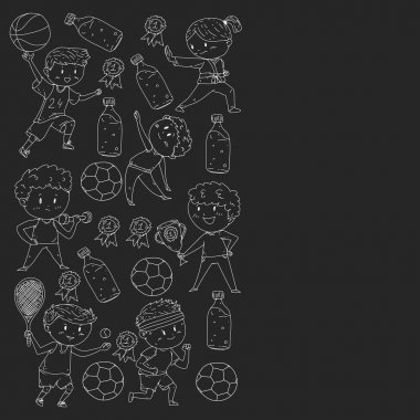 Çocuklar ve spor. Faaliyetlerin vektör illüstrasyonu. Futbol, futbol, koşu, dans, dövüş sanatları. Okulda ve anaokulunda sağlık.