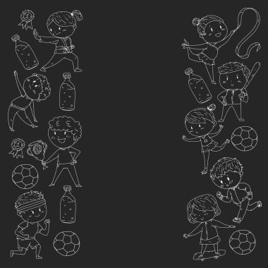 Çocuklar ve spor. Faaliyetlerin vektör illüstrasyonu. Futbol, futbol, koşu, dans, dövüş sanatları. Okulda ve anaokulunda sağlık.