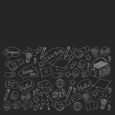 Dil sınıfı için vektör deseni, çevrimiçi kurslar. İngilizce, Arapça, İtalyanca, Japonca, İspanyolca, Çince, Almanca.