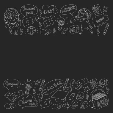 Dil sınıfı için vektör deseni, çevrimiçi kurslar. İngilizce, Arapça, İtalyanca, Japonca, İspanyolca, Çince, Almanca.