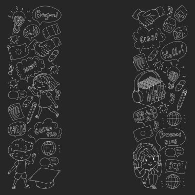 Dil sınıfı için vektör deseni, çevrimiçi kurslar. İngilizce, Arapça, İtalyanca, Japonca, İspanyolca, Çince, Almanca.