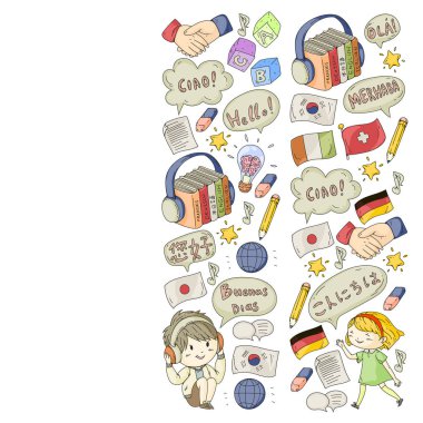 Dil sınıfı için vektör deseni, çevrimiçi kurslar. İngilizce, Arapça, İtalyanca, Japonca, İspanyolca, Çince, Almanca.