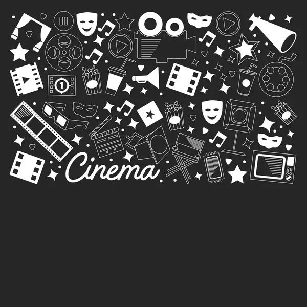 Vektormuster mit Kino-Symbolen. Kino, Fernsehen, Popcorn, Videoclips, Musical — Stockvektor