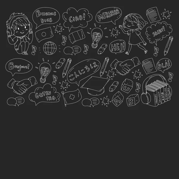 Dil sınıfı için vektör deseni, çevrimiçi kurslar. İngilizce, Arapça, İtalyanca, Japonca, İspanyolca, Çince, Almanca.