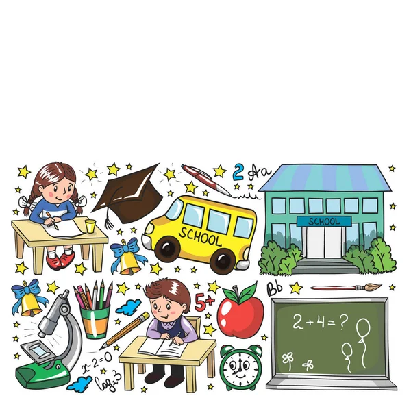 Back to School. Vector pattern with icons and children. — Stock Vector